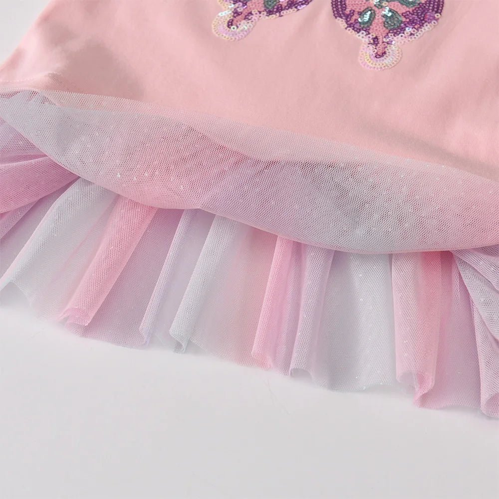 Girls Pink Flare Sleeve T Shirt Kids Sequined Colorful Butterfly Appliqued Ruffle Tees Kids Parties Casual Outings Cotton Tops - lily supply