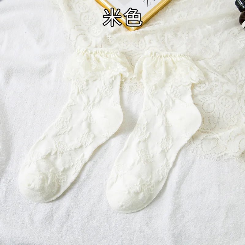 Women's Lolita Lace Ruffle Mesh Socks - Black White Sweet Japanese Fashion - lily supply