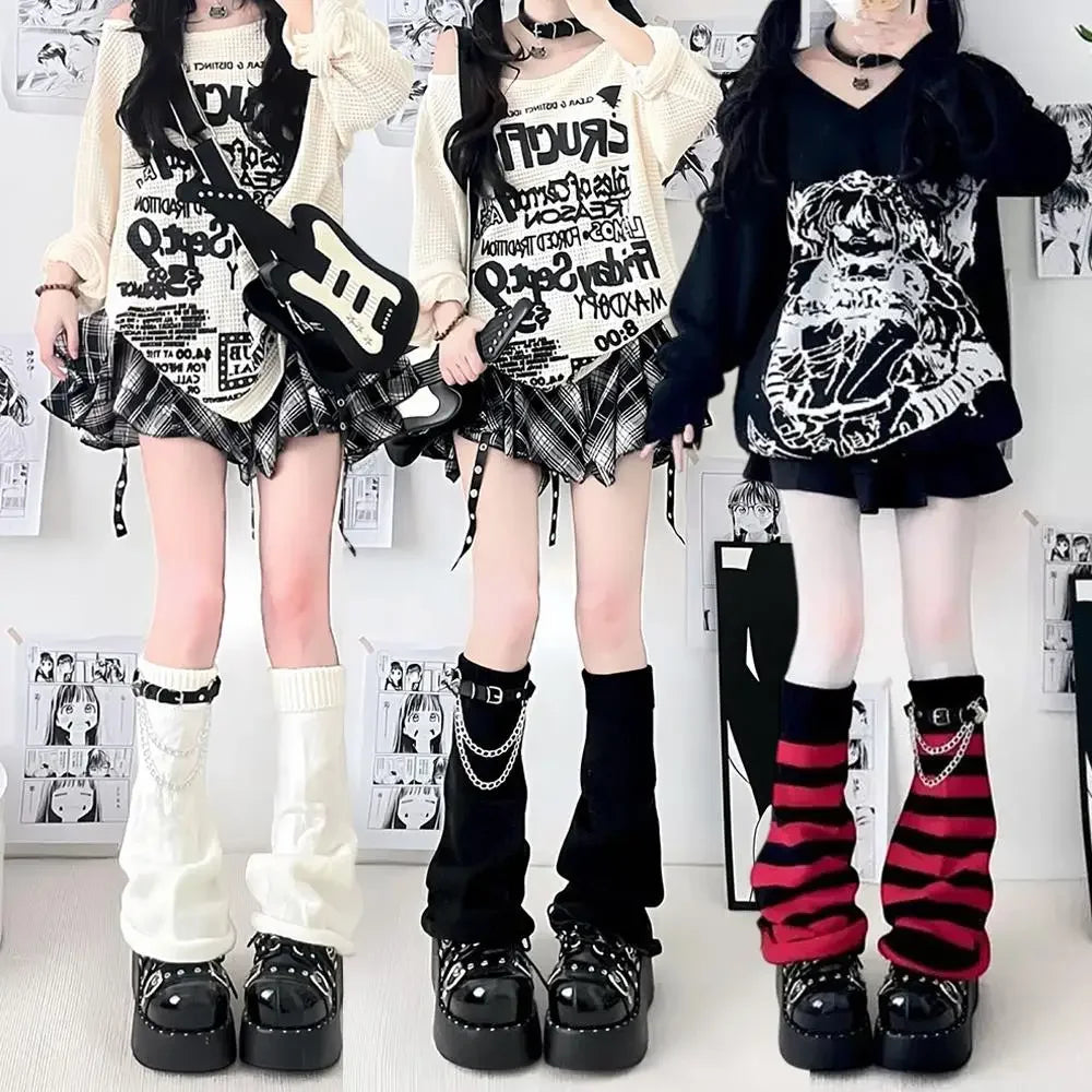Black White Lolita Long Socks Knitted Japanese Winter Socks Gothic Women's Striped Leg Warmers Arm Ankle Warmers Wide Legs Cover