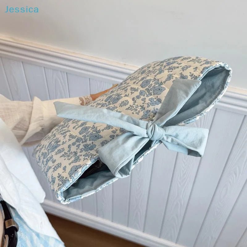 Blue Floral Bow Cotton Linen Tote Bag - Lightweight Daily & Beach Shoulder Bag - lily supply