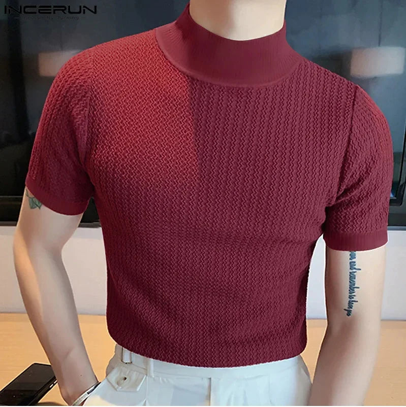 Men's High Neck Knitted Water Ripple T-Shirt