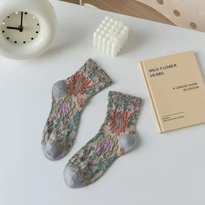 Women's Floral Embossed Harajuku Cotton Long Socks – Textured Knee Socks - lily supply