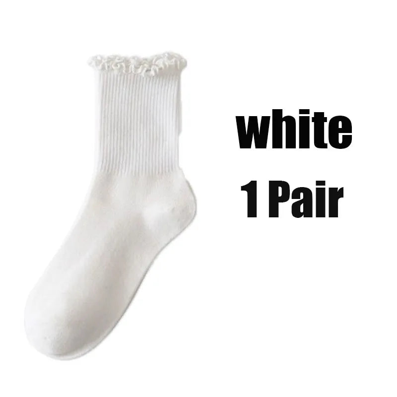Women's Ruffle Mid Tube Ankle Socks - Breathable Cotton Black White Beige