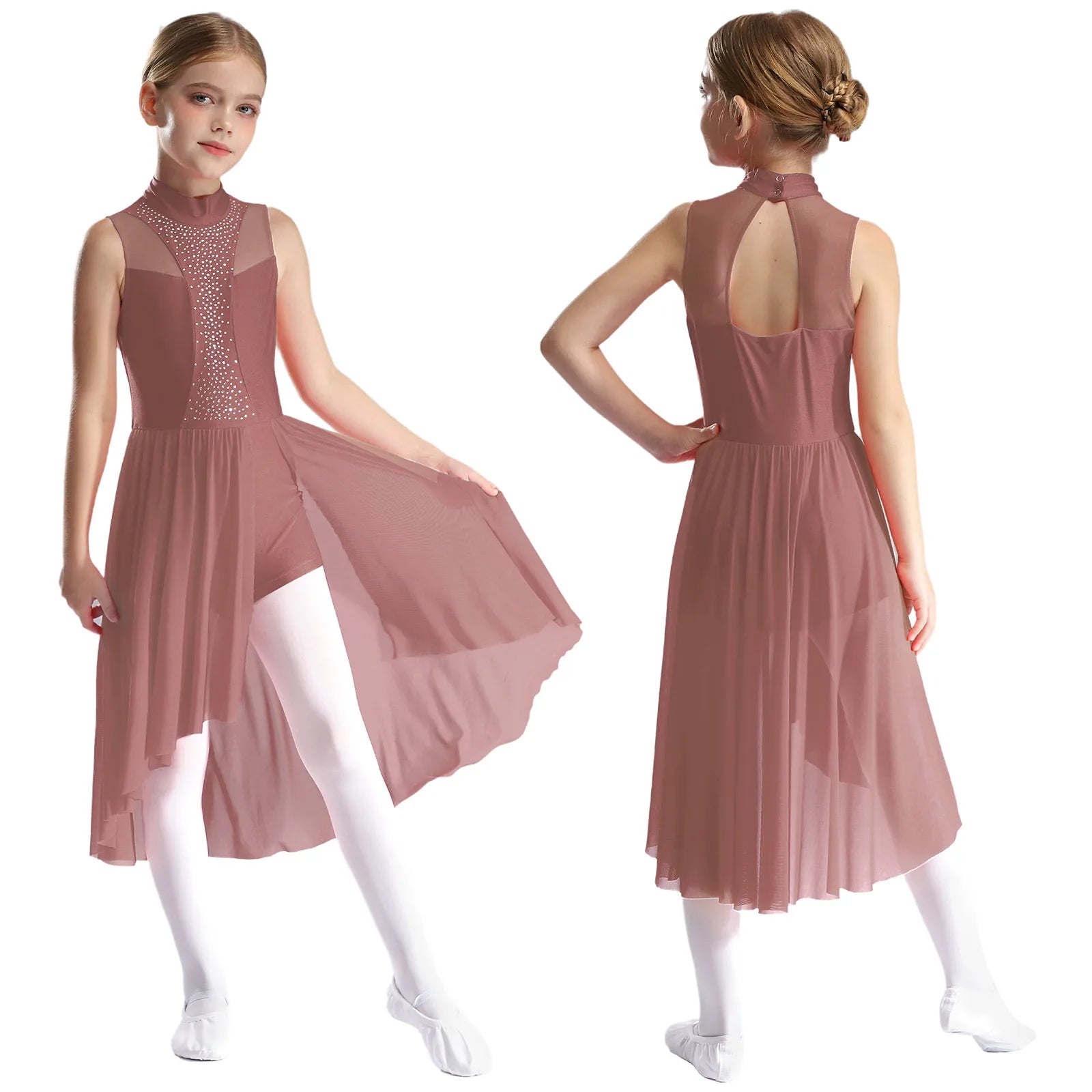 Girls Lyrical Dance Dress | Rhinestone Mesh Keyhole Back Leotard Costume Size 6 - 16 - lily supply