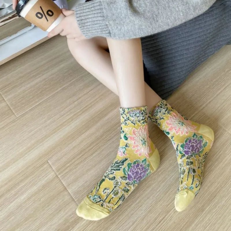 Women's Floral Embossed Harajuku Cotton Long Socks – Textured Knee Socks - lily supply