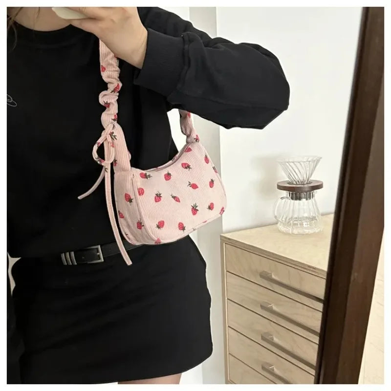 Women's Corduroy Strawberry Mini Shoulder Bag - Cute Half Moon Tote