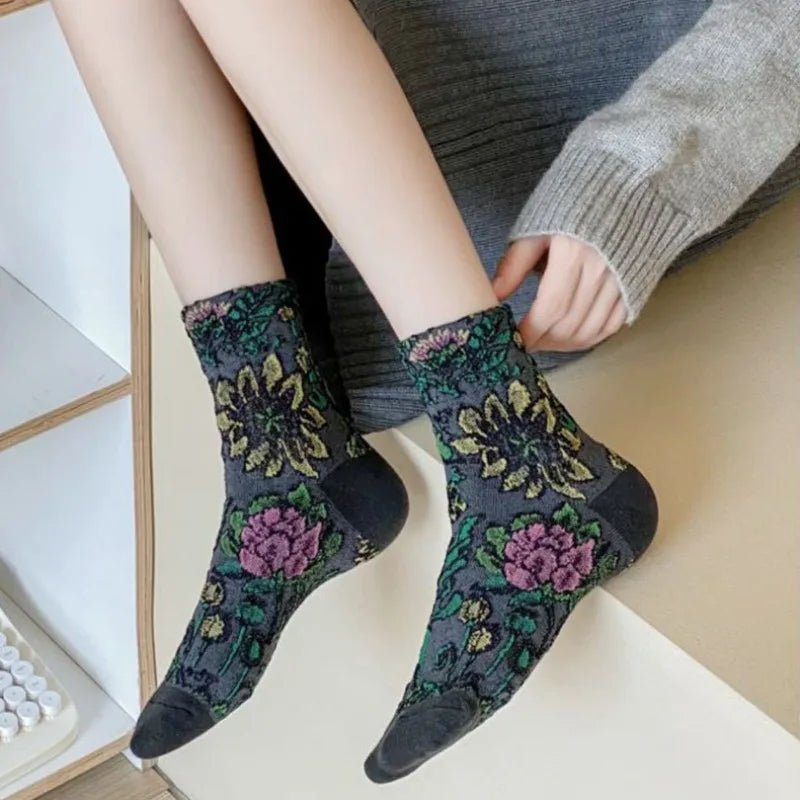 Women's Floral Embossed Harajuku Cotton Long Socks – Textured Knee Socks - lily supply