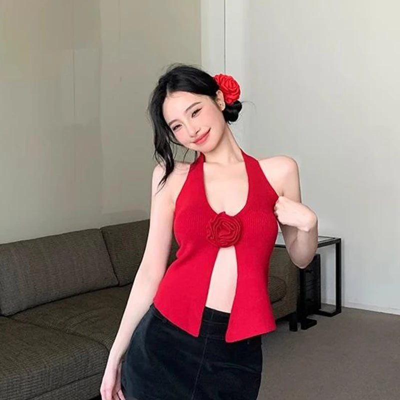 Women's Flower Knit Halter V-Neck Camisole