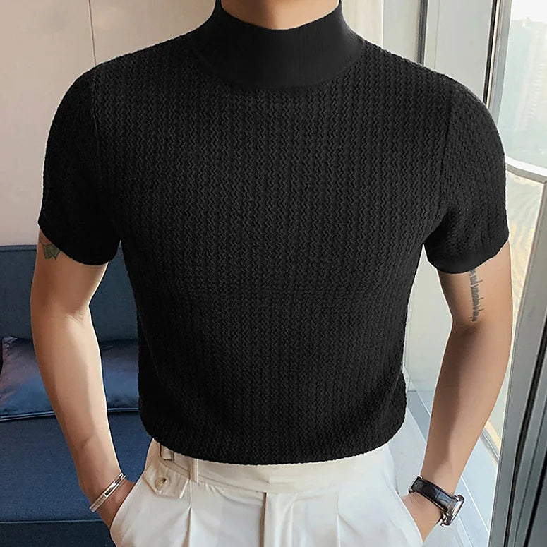 Men's High Neck Knitted Water Ripple T-Shirt