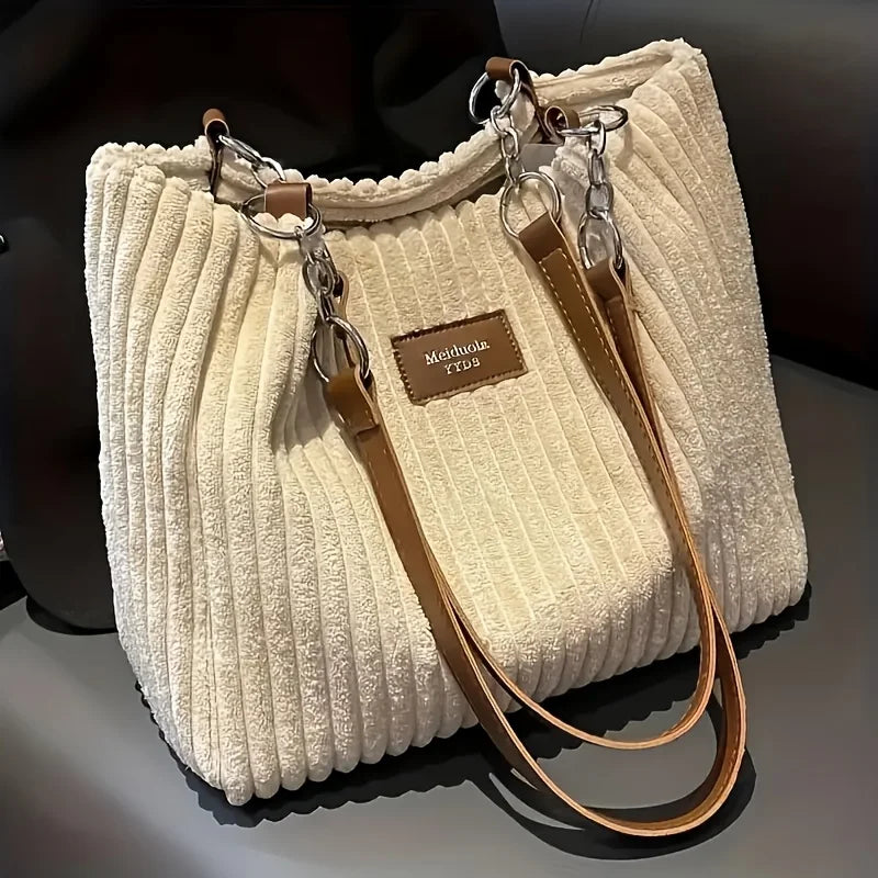 Women's Corduroy Plush Tote Bag - Large Capacity Commuter Travel Shoulder Bag
