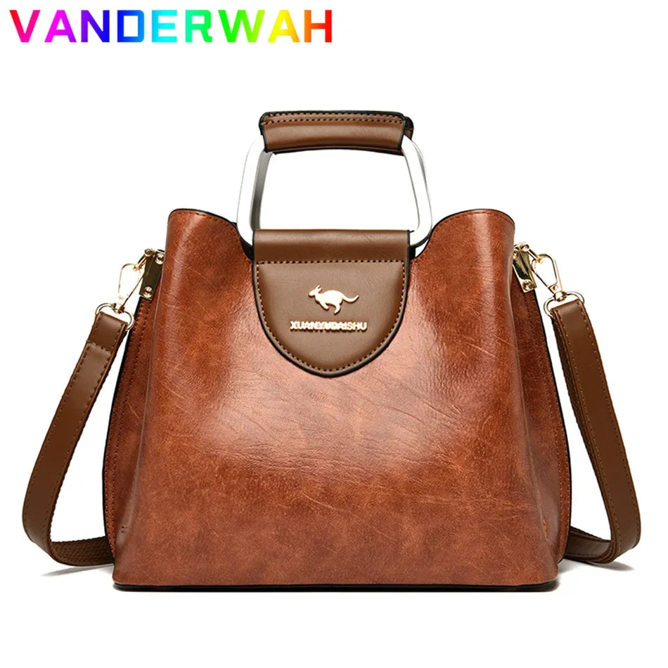 Women's 3-Layer Oil Skin Leather Luxury Designer Crossbody Tote Bag