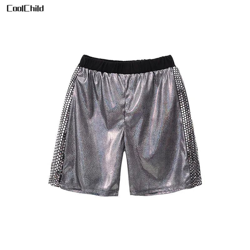 Girls Hip Hop Shine T-shirt Street Dance Skirts Boys Tee Silver Shorts Clothes Sets Kids Jazz Outfits Child Summer Streetwear - lily supply