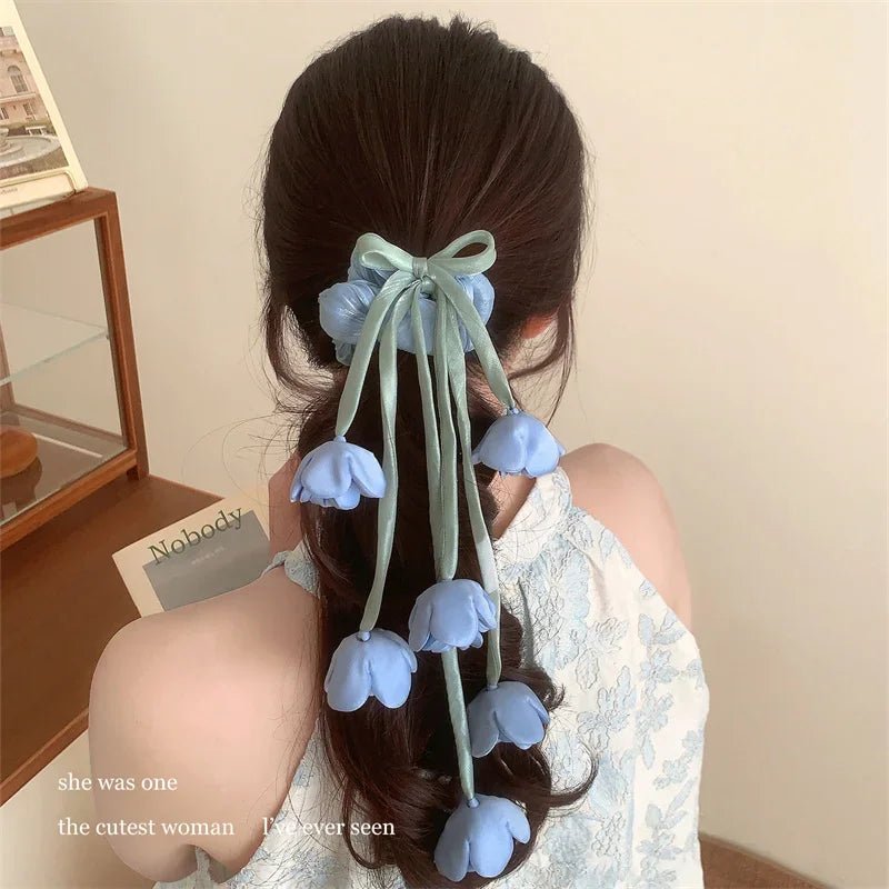 Lily of the Valley & Tulips Floral Scrunchie - Dangling Ribbon Hair Tie - lily supply