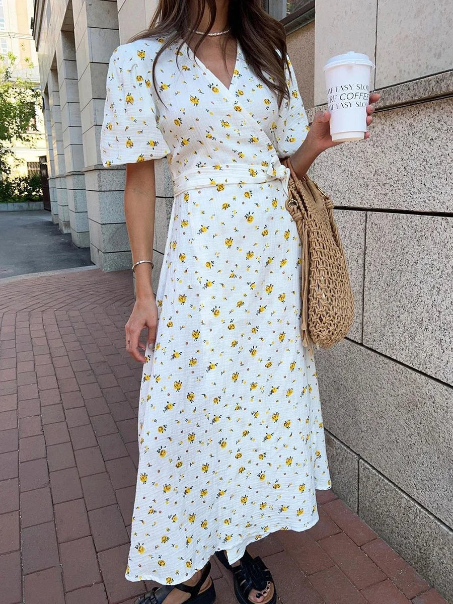 Women's Floral Printed Lace-Up Long Dress | Summer Casual V-Neck