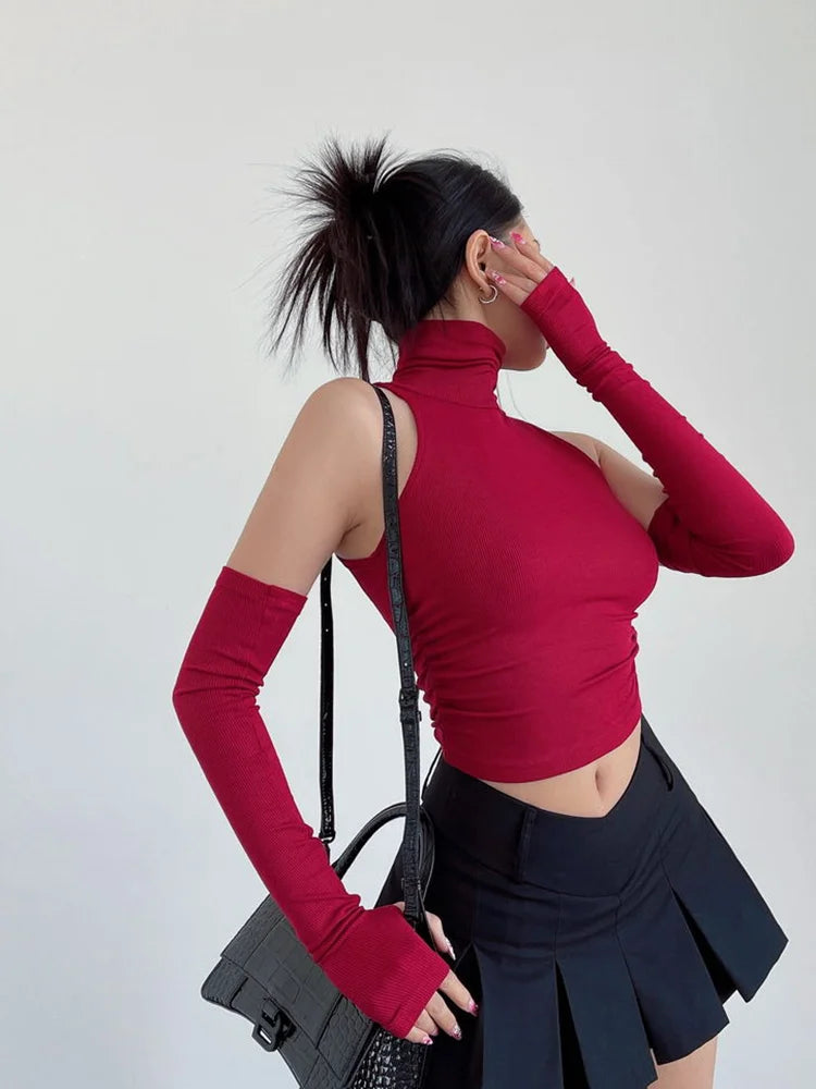 Women's High Neck Pleated Y2K Crop Top