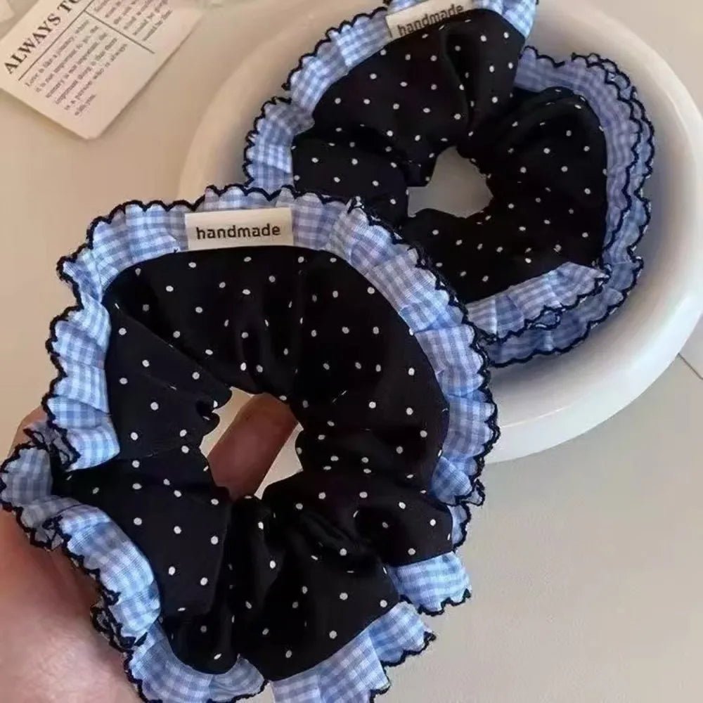 Polka Gingham Ruffled Scrunchie - Handmade Vintage Retro Hair Accessory - lily supply
