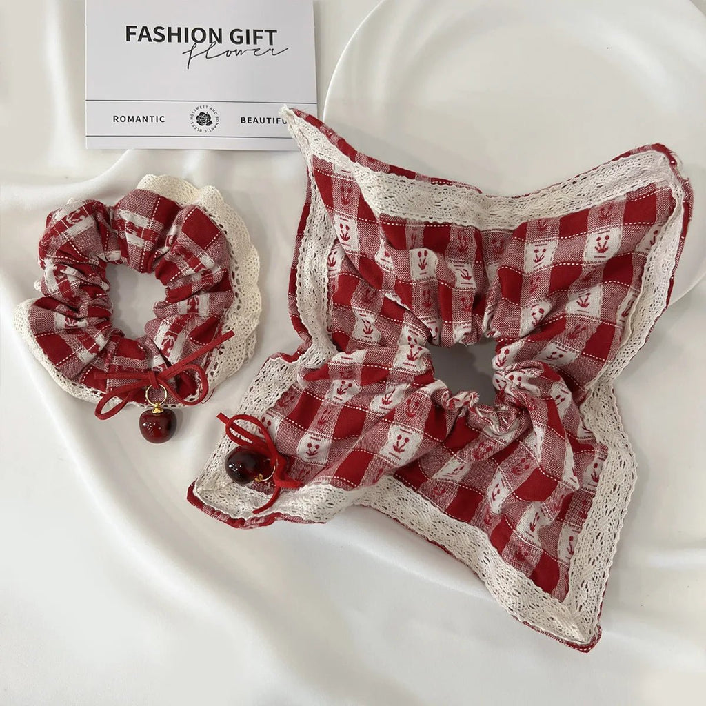 Red Check Cherry Lace Scrunchie - Sweet Square Scarf Hair Rope - lily supply