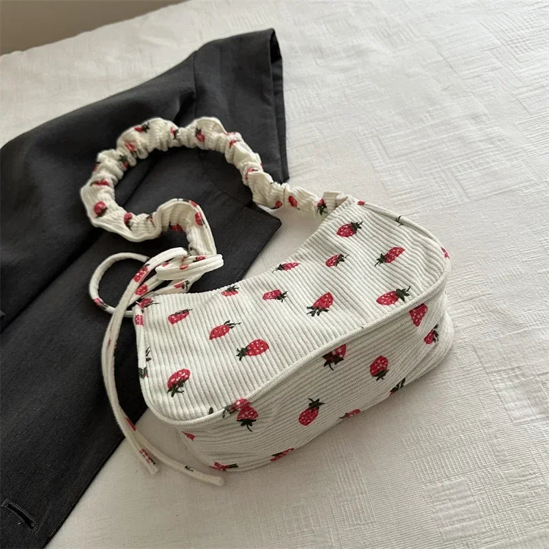Women's Corduroy Strawberry Mini Shoulder Bag - Cute Half Moon Tote