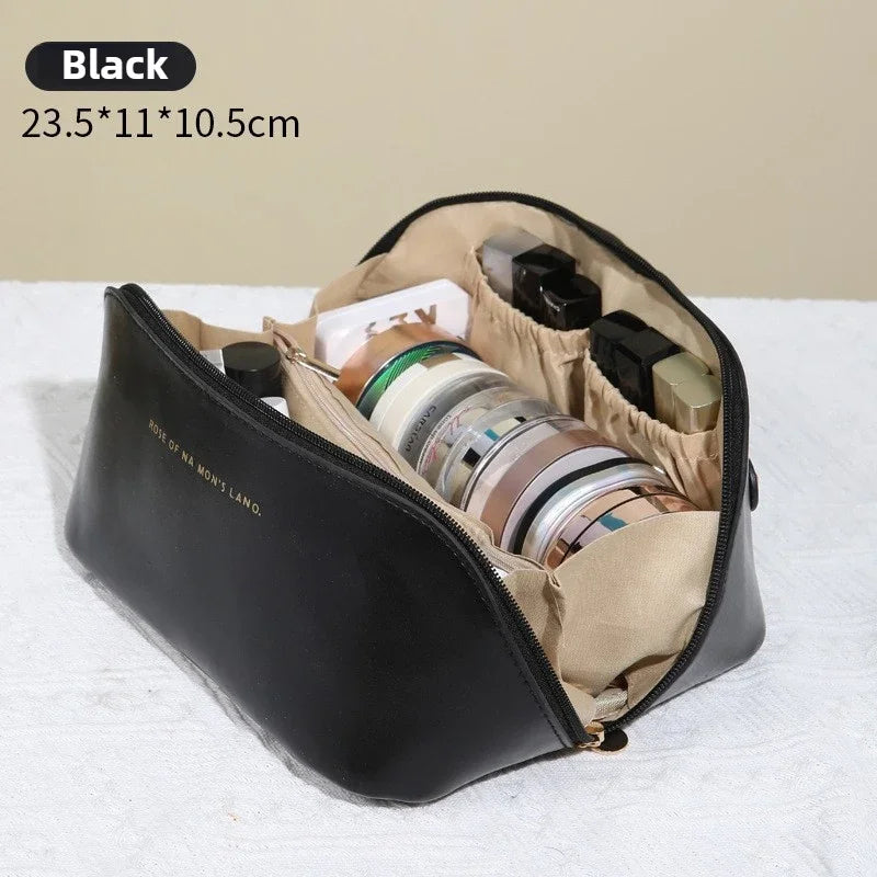 Travel makeup bag, large capacity women's makeup bag, waterproof portable bag open flat wash bag, with divider and handle