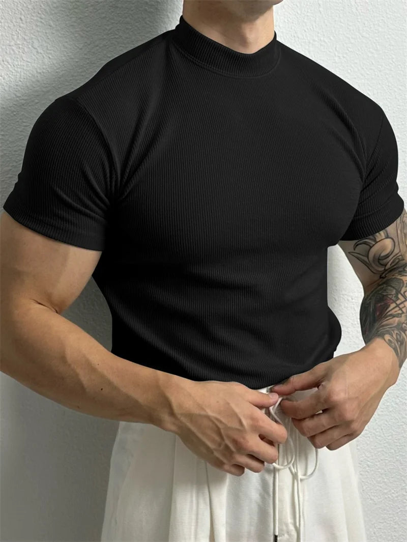Men's High Collar Stripe Fitness Sport T-Shirt