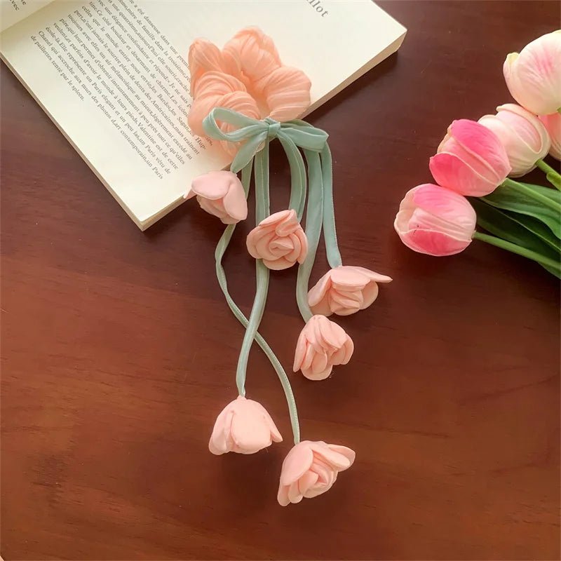 Lily of the Valley & Tulips Floral Scrunchie - Dangling Ribbon Hair Tie - lily supply
