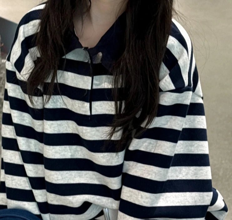 Girls Long Sleeve T-shirt 2025 Autumn Spring New Korean Fashion Casual Daily Sriped Turn - down Collar Top Kids All - match Clothes - lily supply
