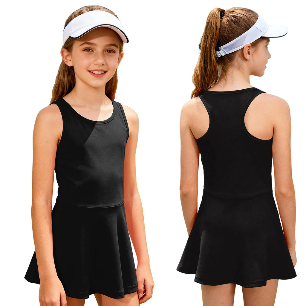 Kids Girls Golf Tennis Dress U - Neck Sleeveless Racer Back Athletic Sundress School Sports Dresses for Badminton Workout Running - lily supply