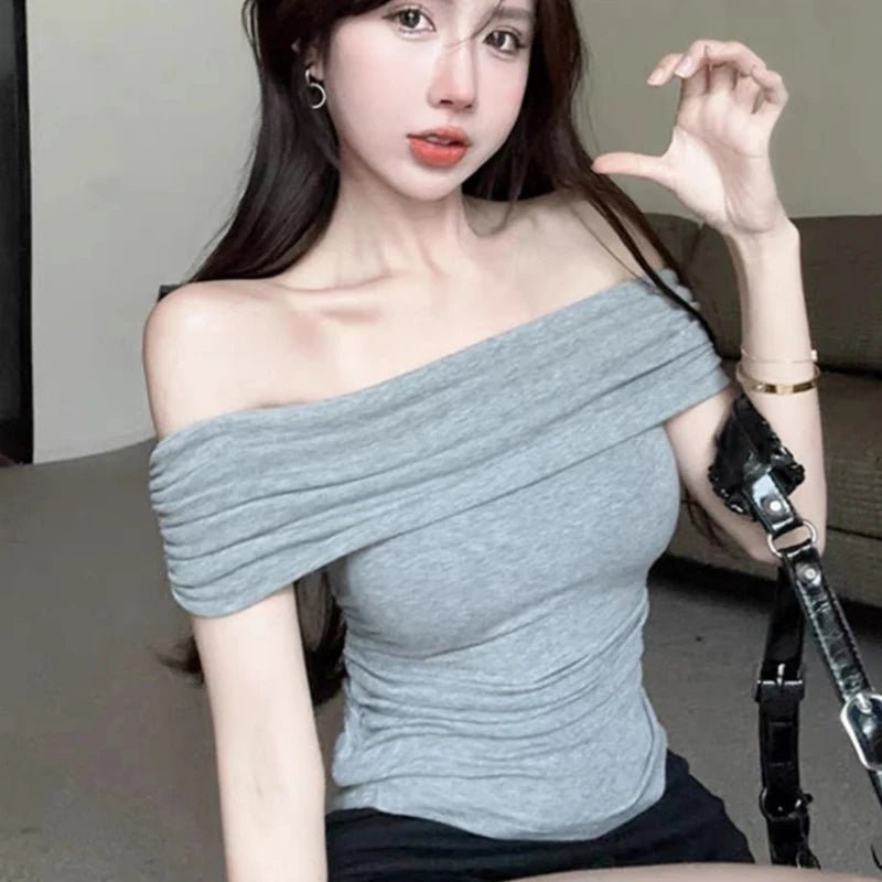 1pcs Girls Off - Shoulder T-shirt Women's Basic Fashion Tee Solid Ladys Short Sleeve Slim Tops Females Sexy Tshirts - lily supply