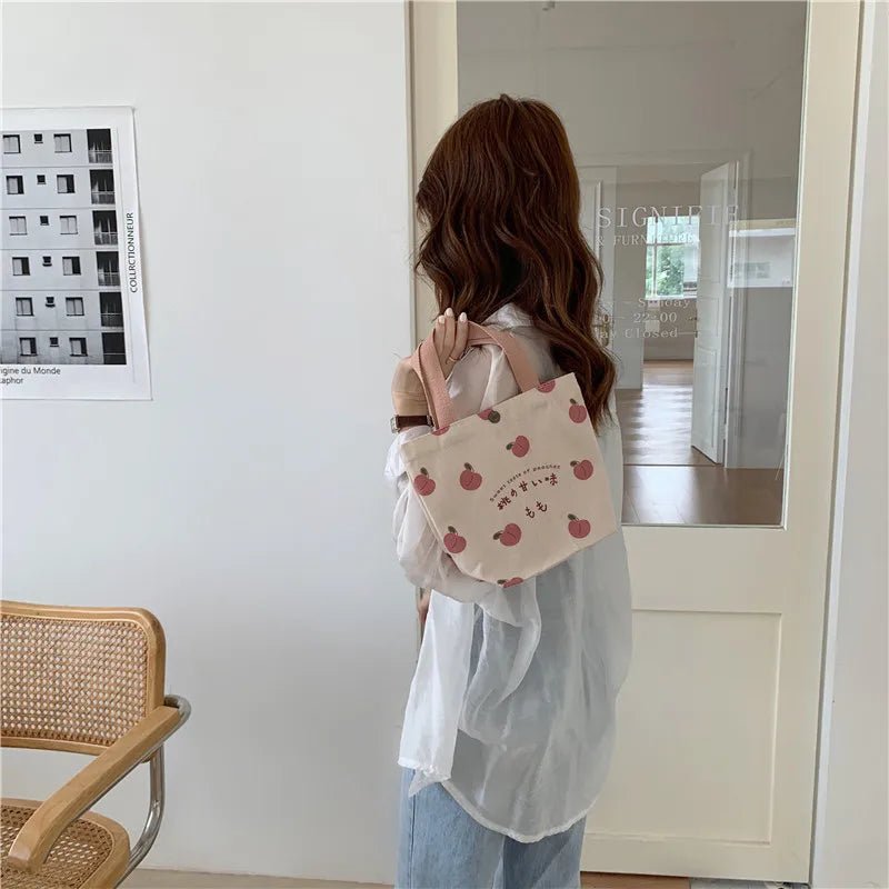 Japanese Peach Canvas Lunch Bag - Korean Mini Student Picnic Travel Bento Tote - lily supply