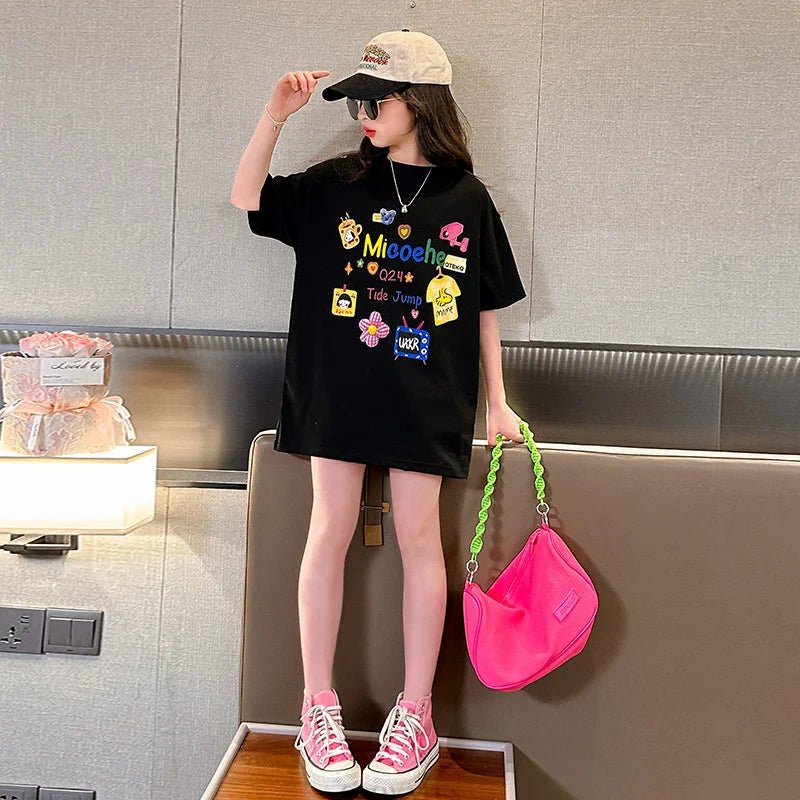 New Girls Cotton T-Shirt Short Sleeve Loose Style Summer Kids Printed Tee Tops Children Casual Tshirts for Teen Girl Clothes - lily supply