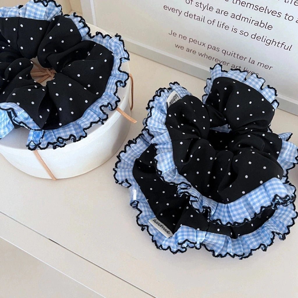 Polka Gingham Ruffled Scrunchie - Handmade Vintage Retro Hair Accessory - lily supply
