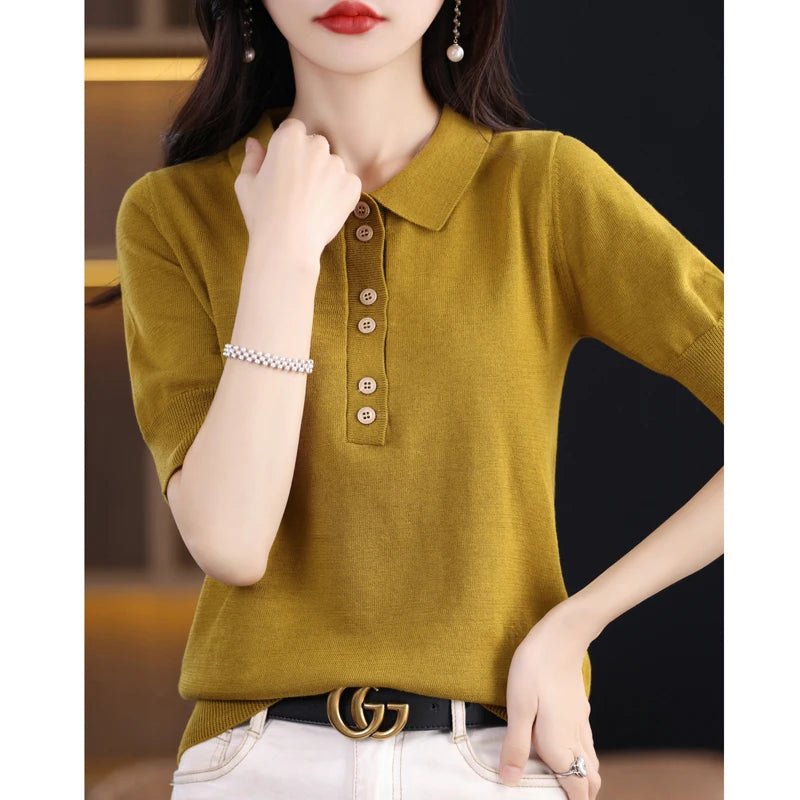 Women's T-shirt Summer 100% Cotton Sweater Short Sleeve Casual Knitwear POLO Collar Ladies' Tops Loose Pullover Tees Buttons - lily supply