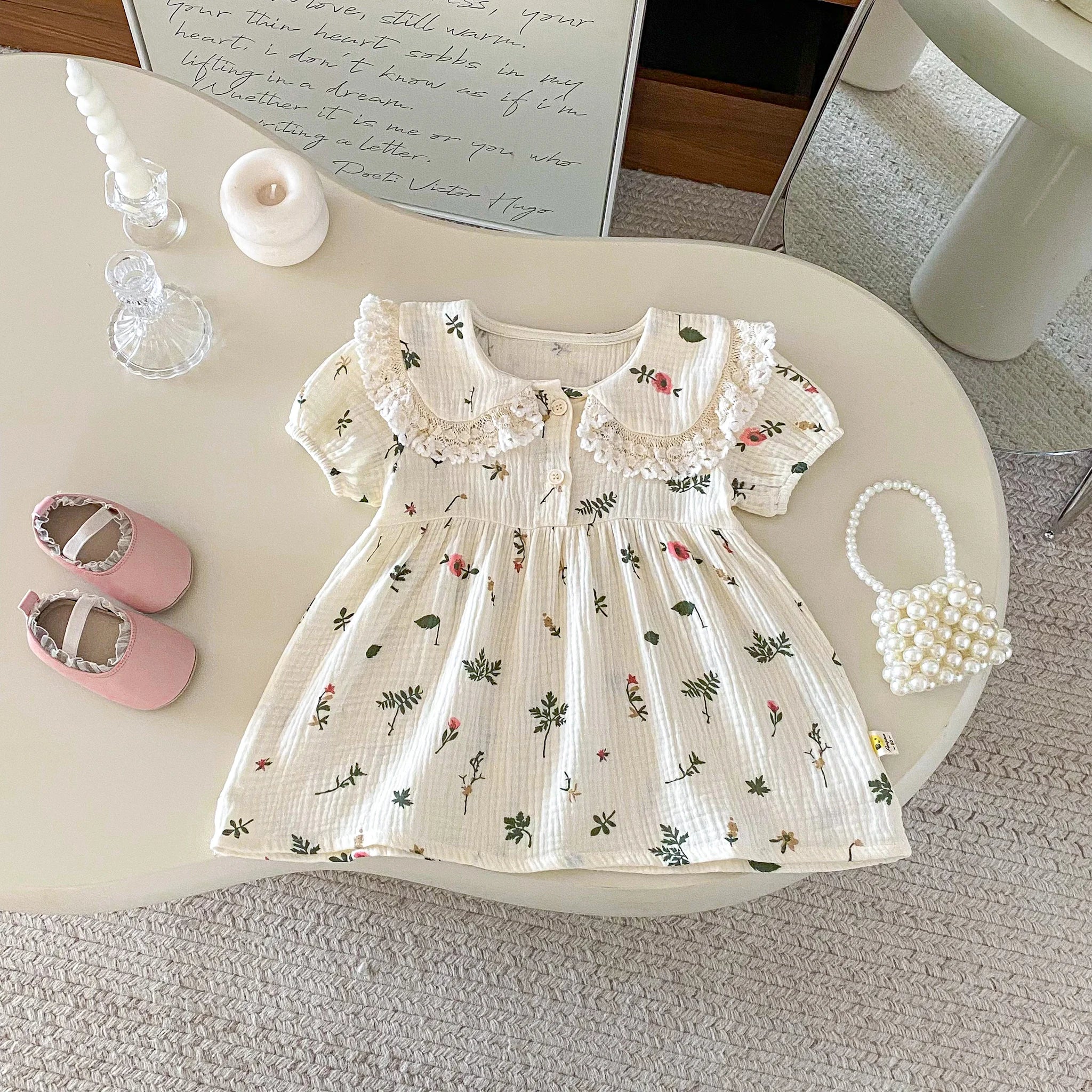 Baby Girls Floral Cotton Summer Dress | Stand - Up Collar Short Sleeve 9M - 4Y - lily supply