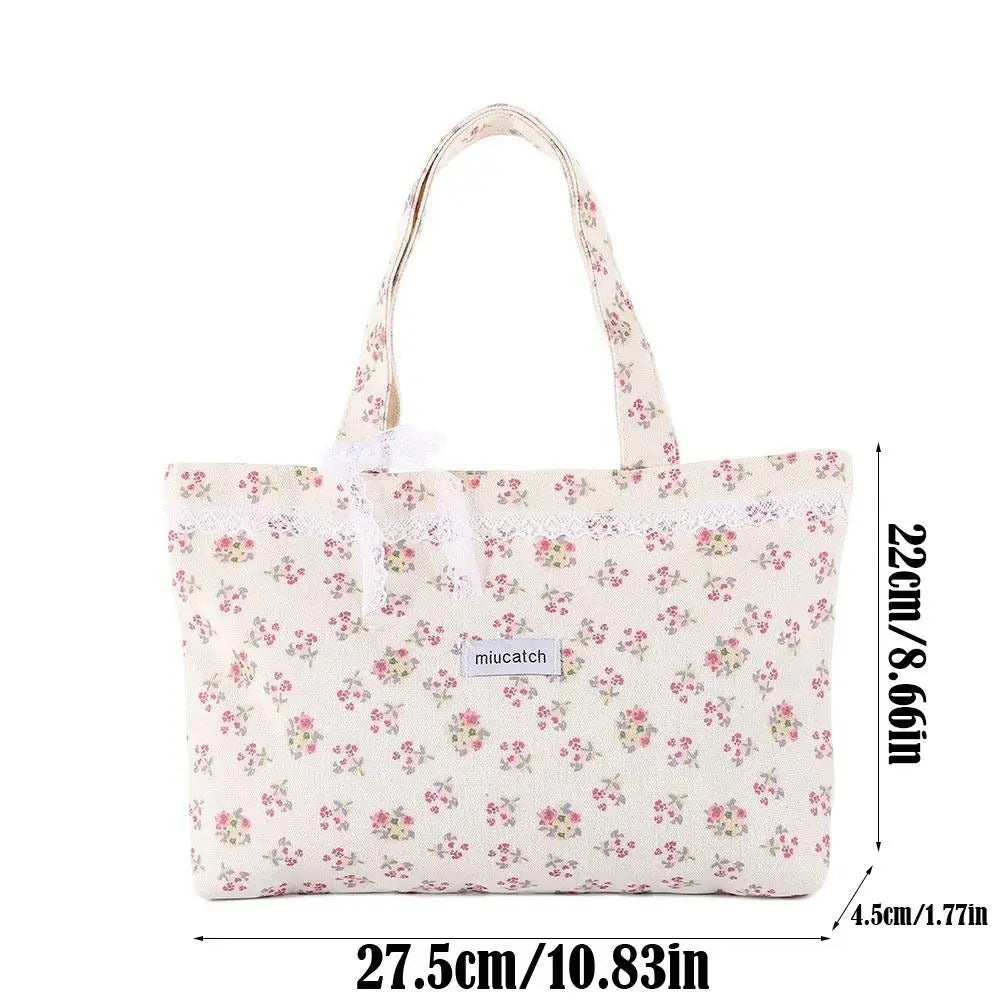 Large Capacity Lace Bow Canvas Tote Bag - Sweet Print Storage Handbag