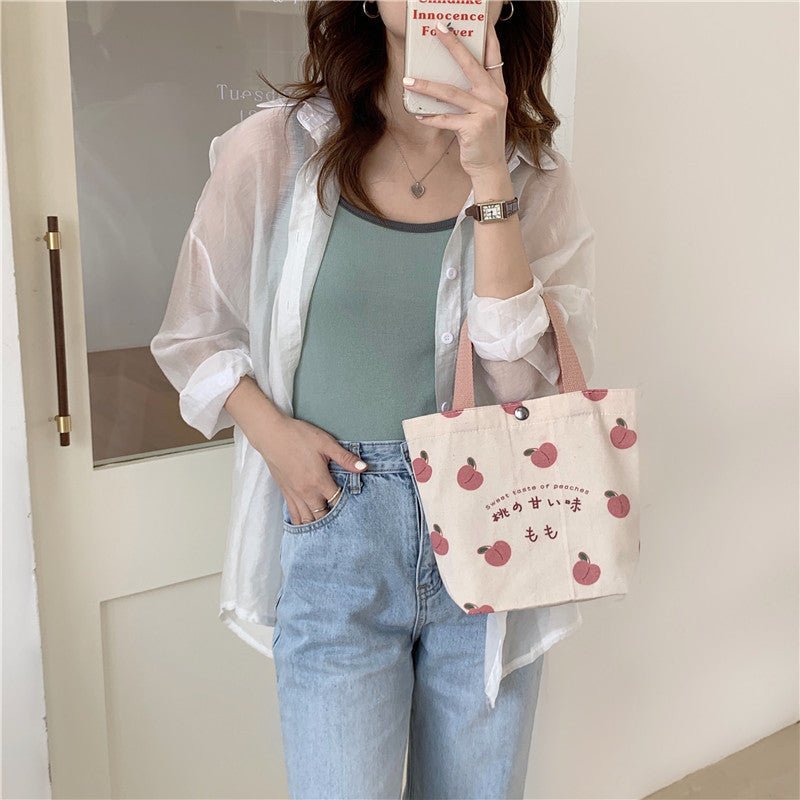 Japanese Peach Canvas Lunch Bag - Korean Mini Student Picnic Travel Bento Tote - lily supply