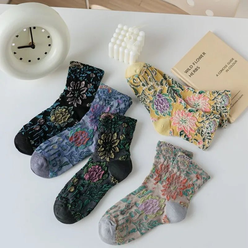 Women's Floral Embossed Harajuku Cotton Long Socks – Textured Knee Socks - lily supply