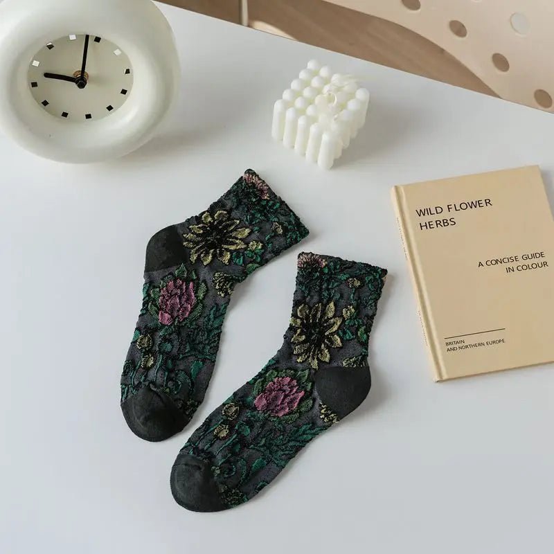 Women's Floral Embossed Harajuku Cotton Long Socks – Textured Knee Socks - lily supply