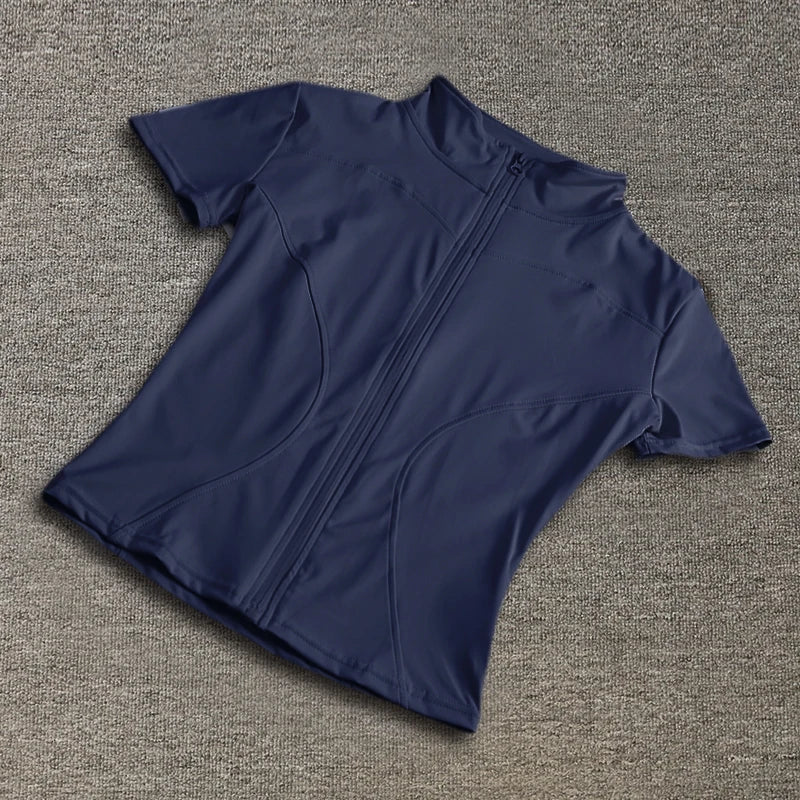 Women's Waist Slimming Yoga Shirt - Full Zip Stand Collar Short Sleeve