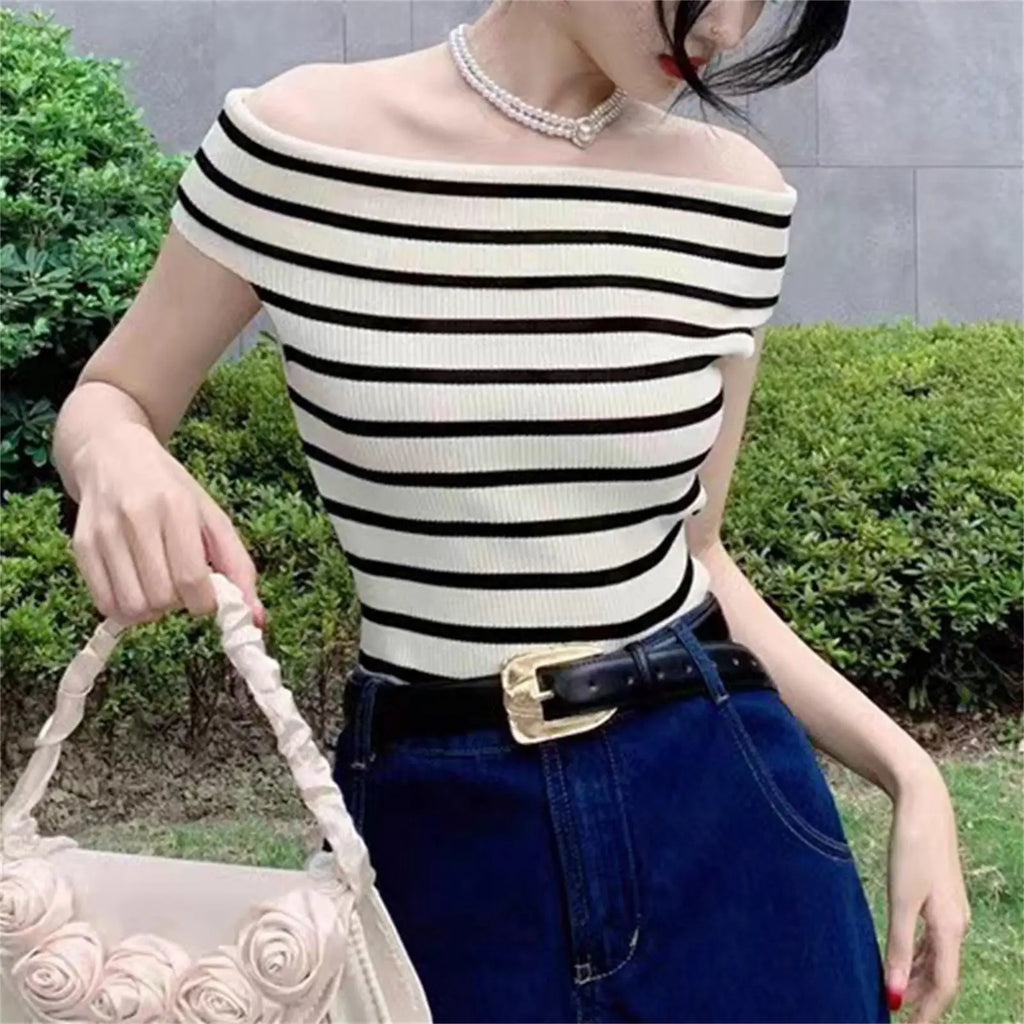 Women's Striped Knitted T-Shirt - Sexy Off Shoulder Short Sleeve Slim