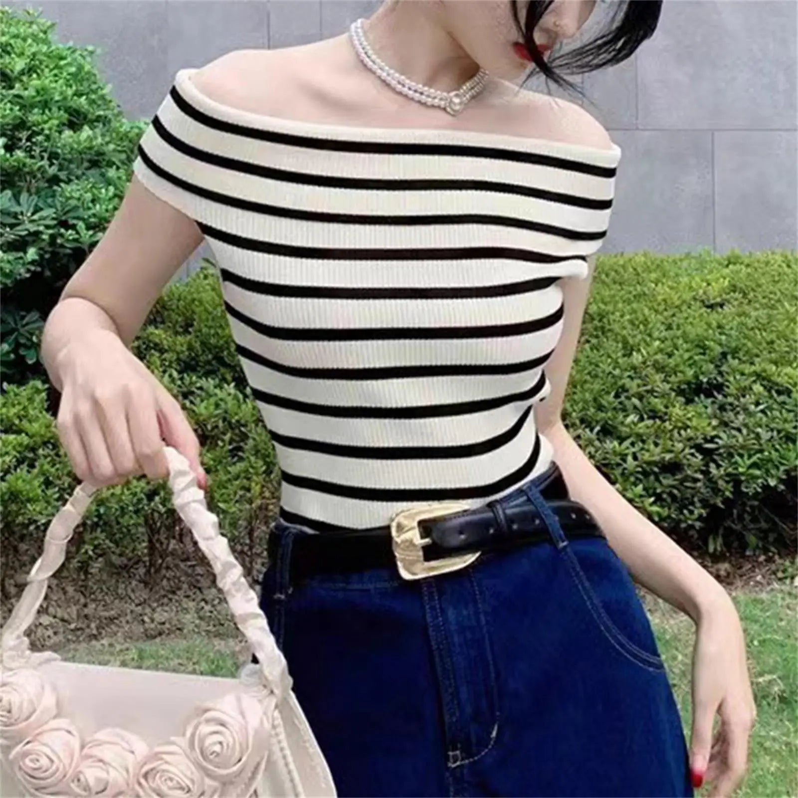 Women's Striped Knitted T-Shirt - Sexy Off Shoulder Short Sleeve Slim