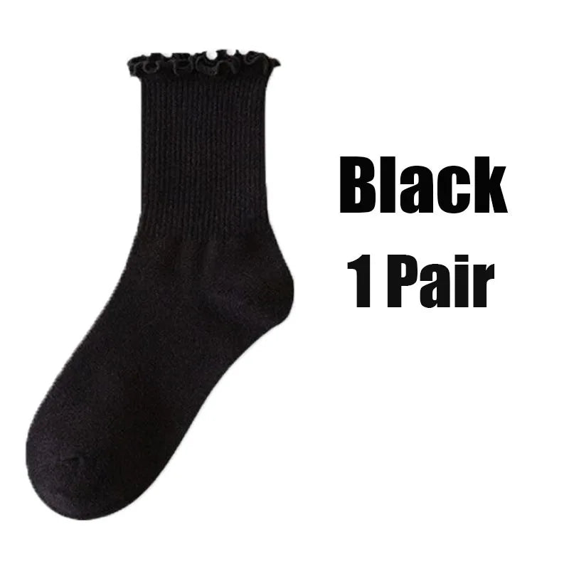 Women's Ruffle Mid Tube Ankle Socks - Breathable Cotton Black White Beige