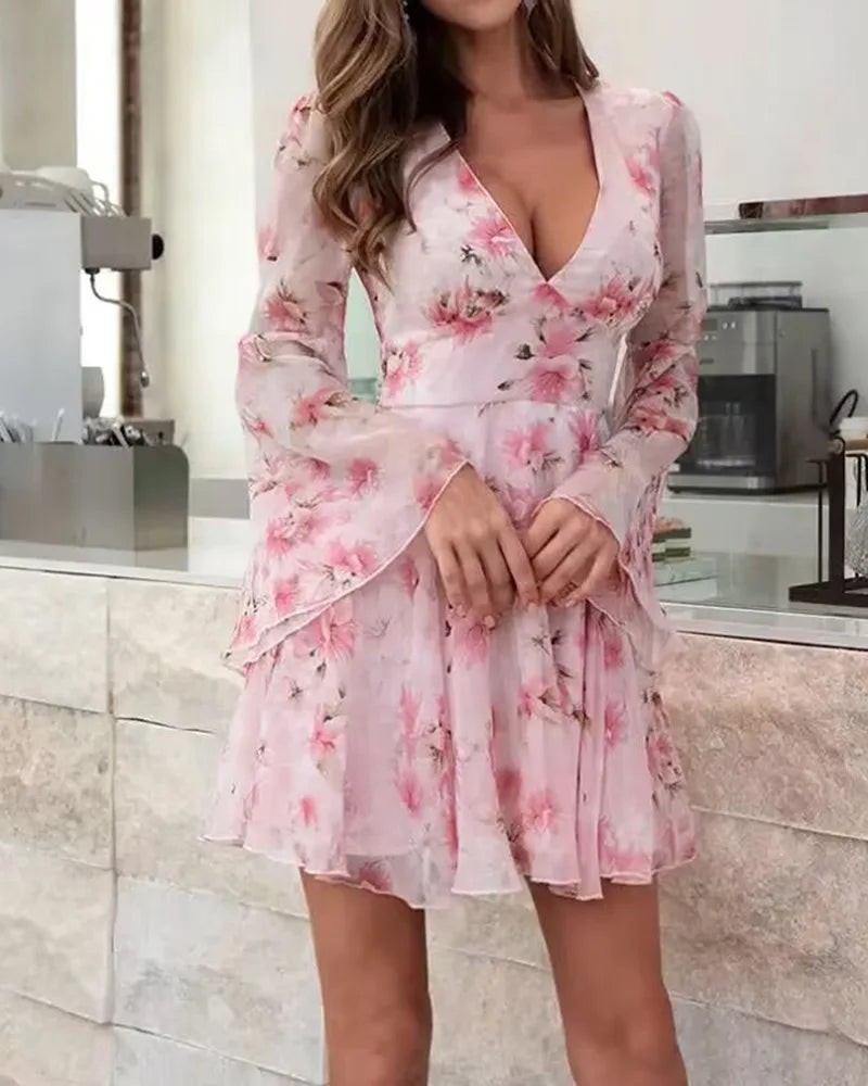 Women's Floral Bell Sleeve Plunge Dress - Sexy V-Neck Party