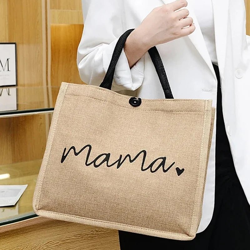 Mama Letter Print Linen Tote Bag - Large Capacity Baby Diaper Shoulder Bag - lily supply