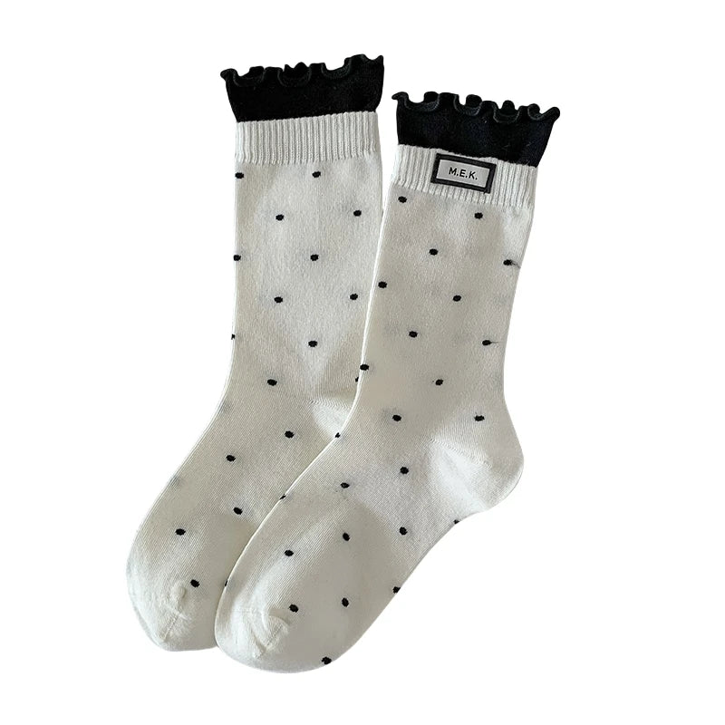 Women's Frilly Dots Preppy Long Cotton Socks – Sweet Knee High Socks - lily supply