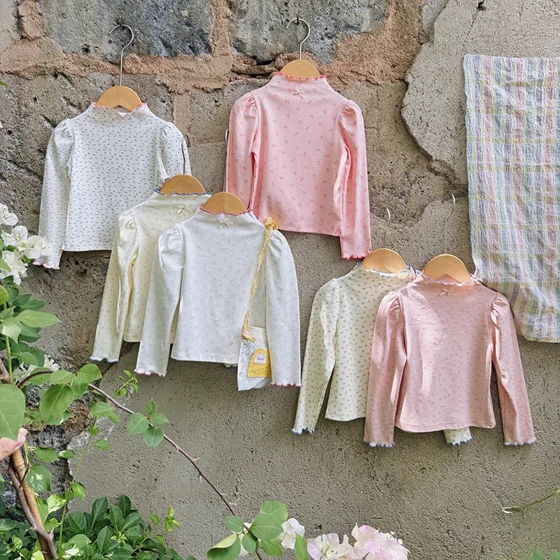 Girls' Floral T-shirt Half High Neck Top - Spring Autumn Baby Long Sleeve Base Layer Shirt with Trendy Temperament - lily supply