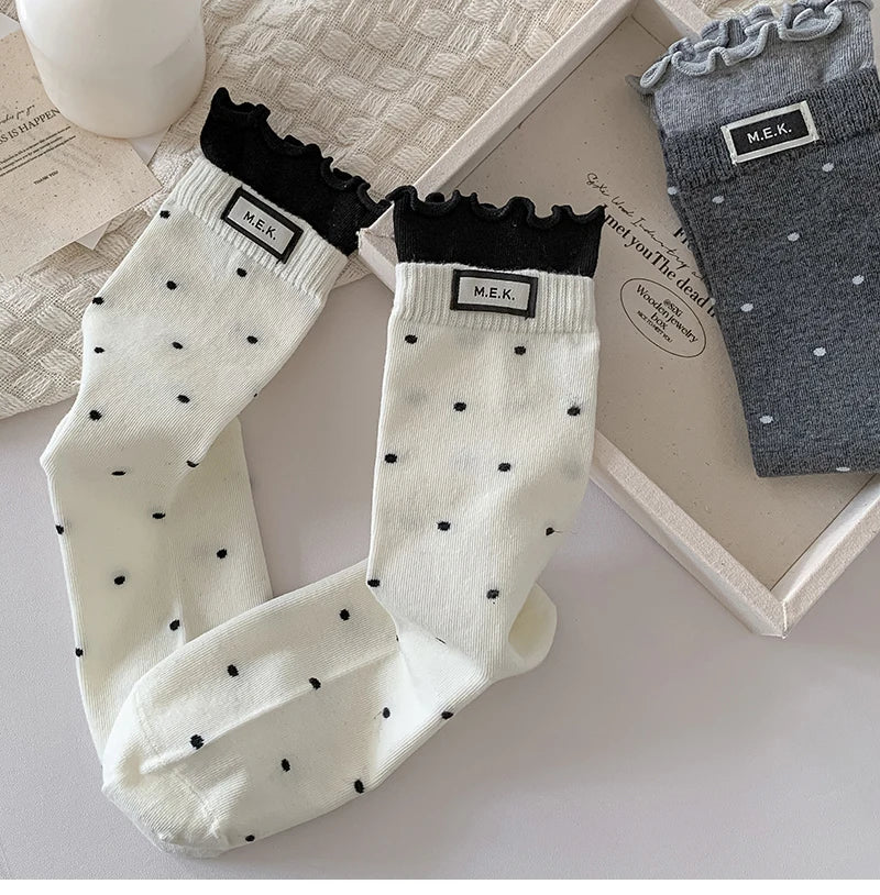 Women's Frilly Dots Preppy Long Cotton Socks – Sweet Knee High Socks - lily supply