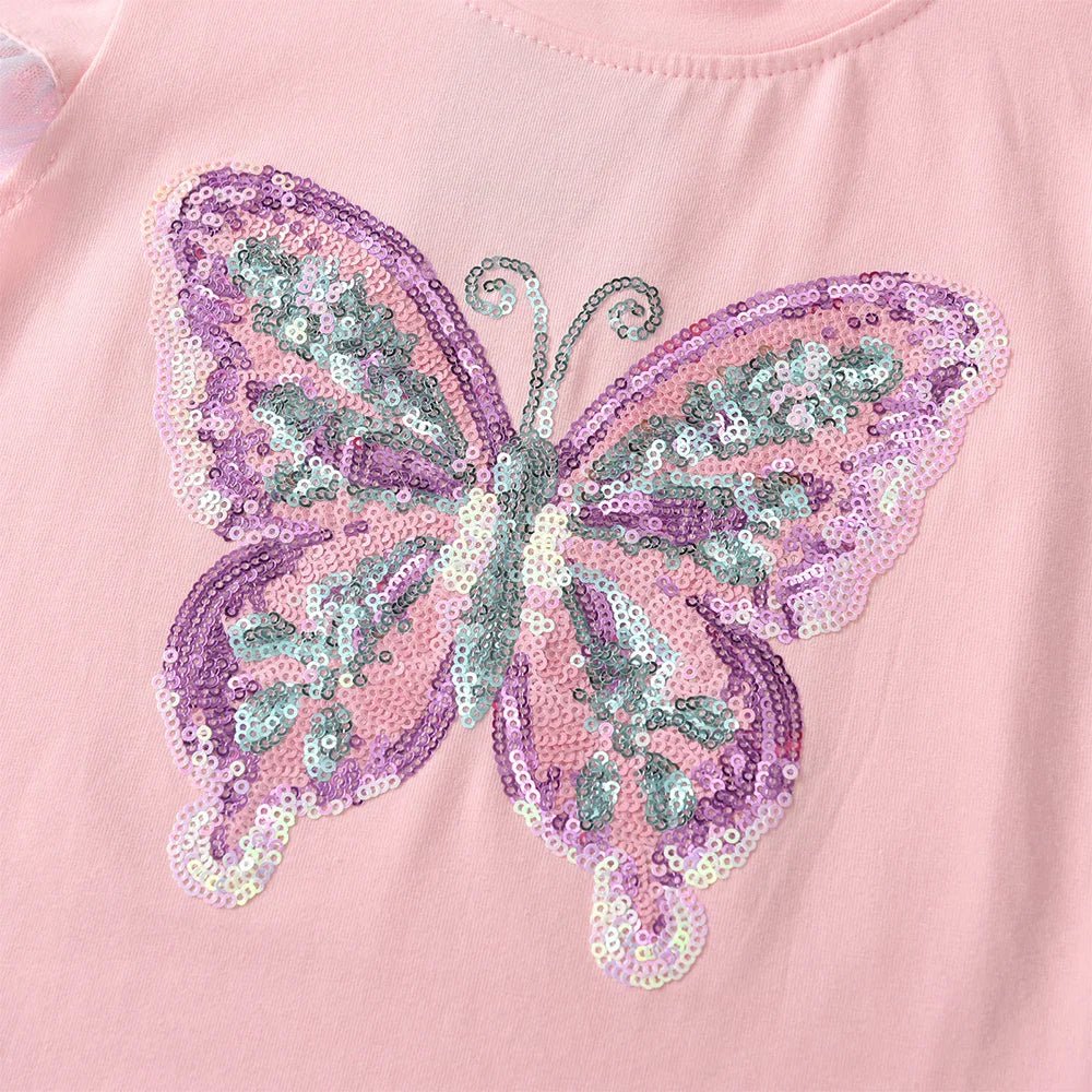 Girls Pink Flare Sleeve T Shirt Kids Sequined Colorful Butterfly Appliqued Ruffle Tees Kids Parties Casual Outings Cotton Tops - lily supply