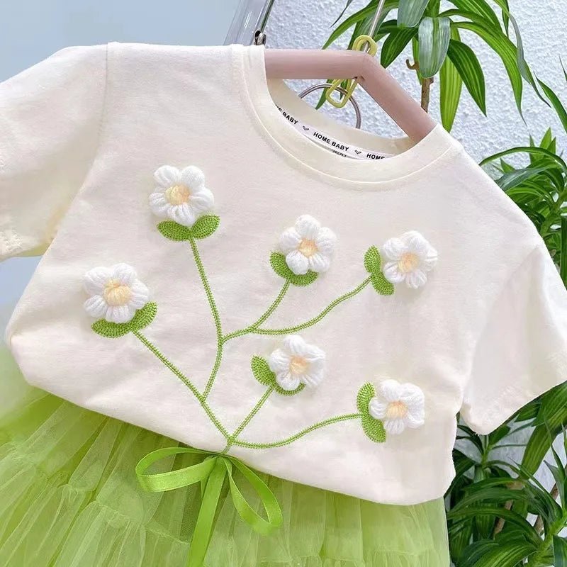 Girls Short Sleeve T-shirt Summer Baby Girl Sweet 3D Flowers Tee Kids Cotton Tops 1 - 6Y Chidlren Trendy Casual Clothes - lily supply
