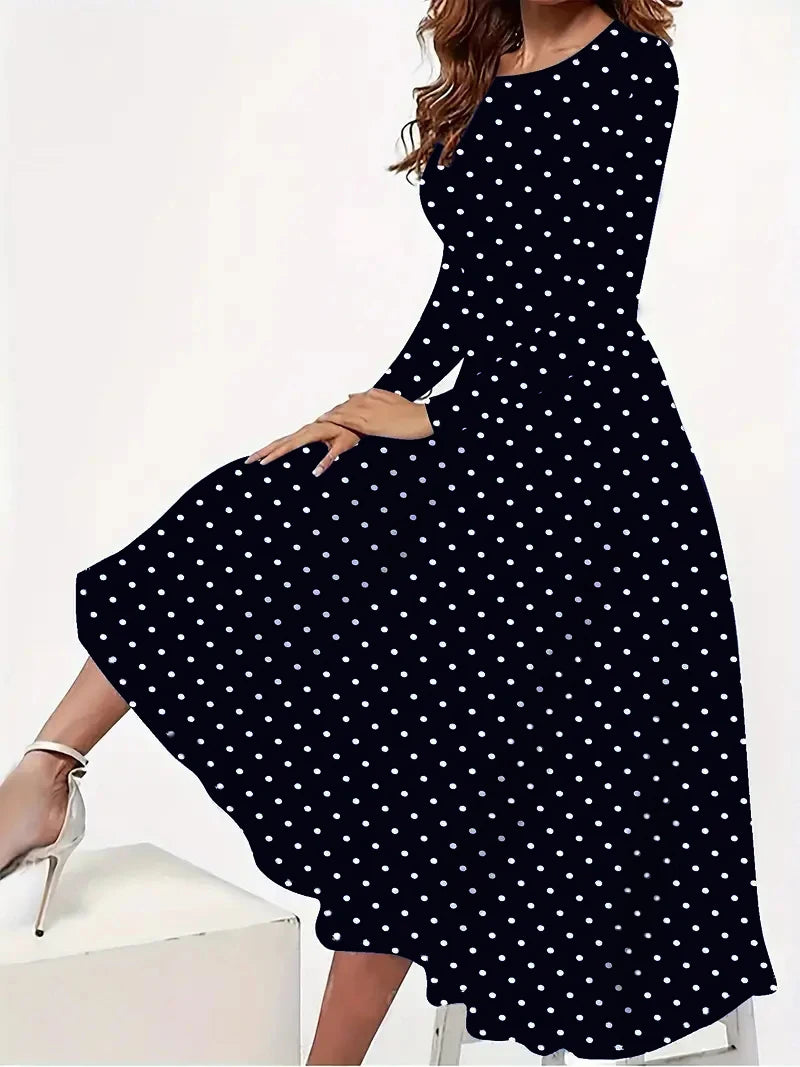 Women's Polka Dot Pocket Long Sleeve Dress