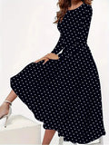 Women's Polka Dot Pocket Long Sleeve Dress